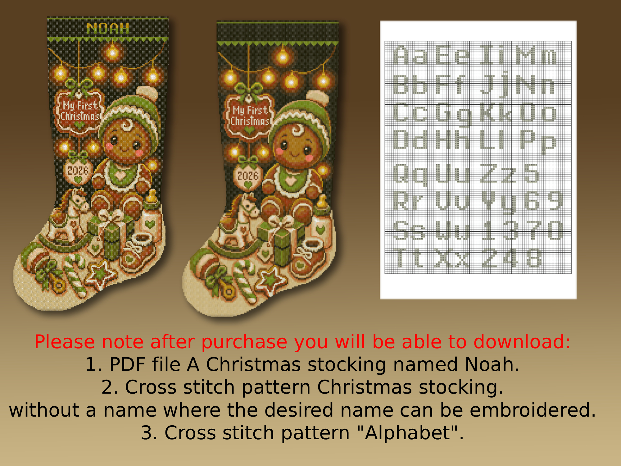 Christmas Stocking Cross Stitch Pattern PDF – Personalized Baby’s First Christmas Gingerbread, Custom Name and Year, Gender-Neutral Easy Counted Cross Stitch Digital Download 4 Christmas Stocking Cross Stitch Pattern featuring a personalized baby’s first Christmas gingerbread design in green and neutral colors, custom name and year, easy counted cross stitch PDF