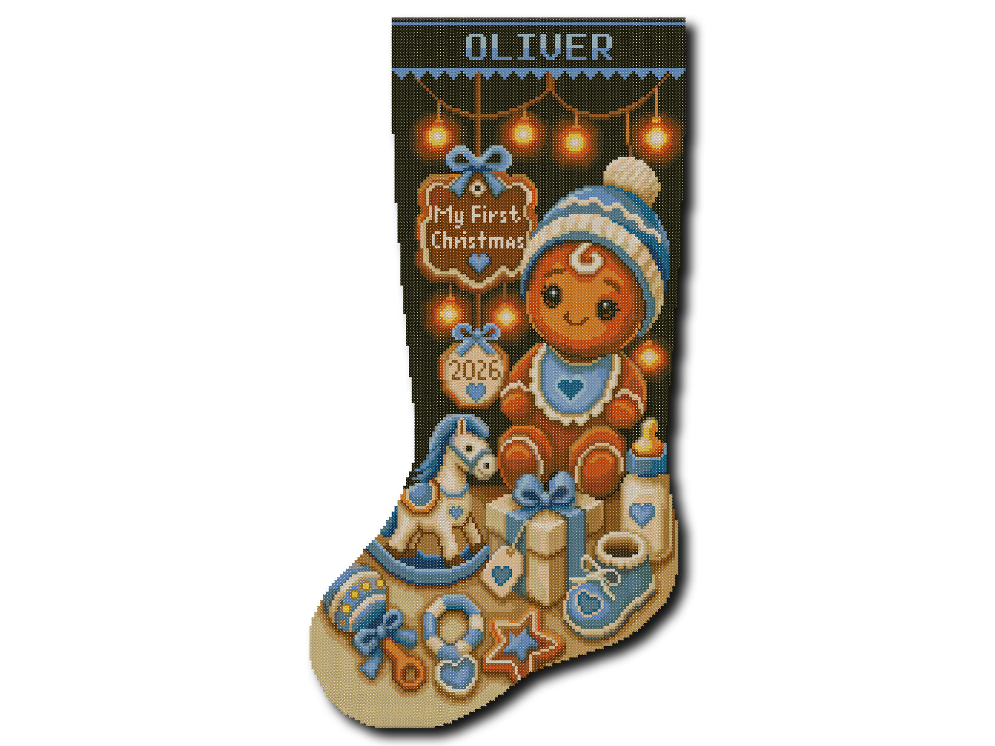 Personalized Baby’s First Christmas stocking cross stitch pattern with gingerbread baby, blue decorations, toys, name Oliver and year 2026