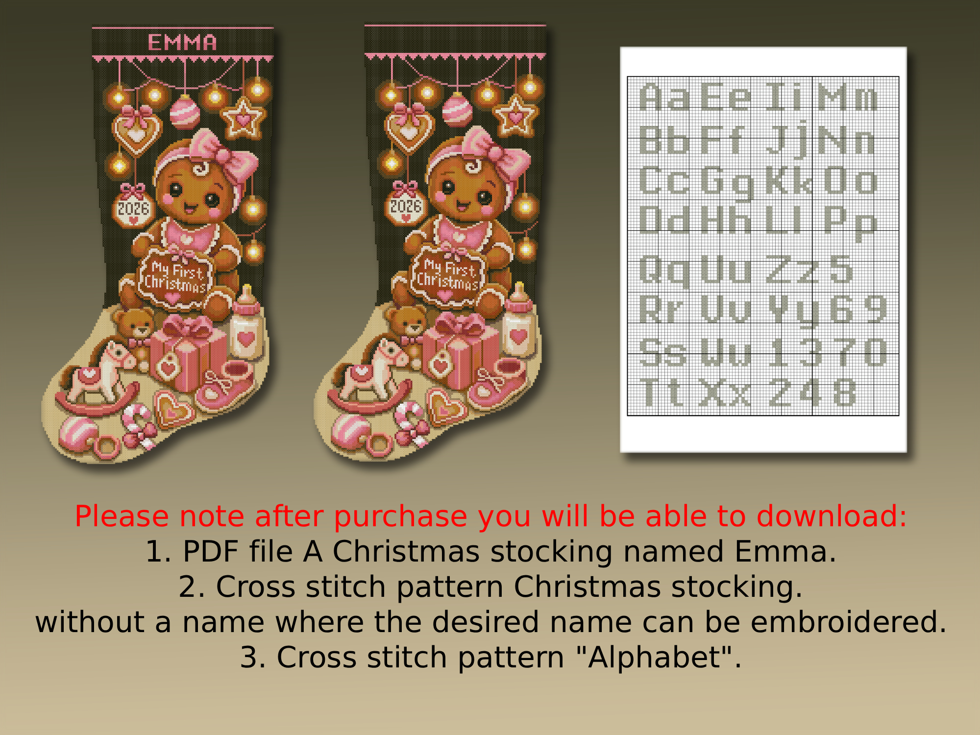 Christmas Stocking Cross Stitch Pattern PDF – Personalized Baby’s First Christmas Gingerbread Girl, Name and Year, Easy Counted Cross Stitch Digital Download 4 Christmas Stocking Cross Stitch Pattern featuring a personalized baby’s first Christmas gingerbread girl, custom name and year, easy counted cross stitch PDF
