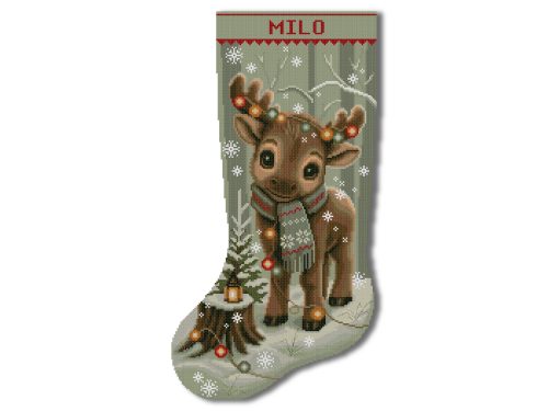 Christmas Stocking Cross Stitch Pattern with cute baby moose wearing a winter scarf, personalized counted cross stitch PDF, forest animal Christmas stocking digital embroidery pattern