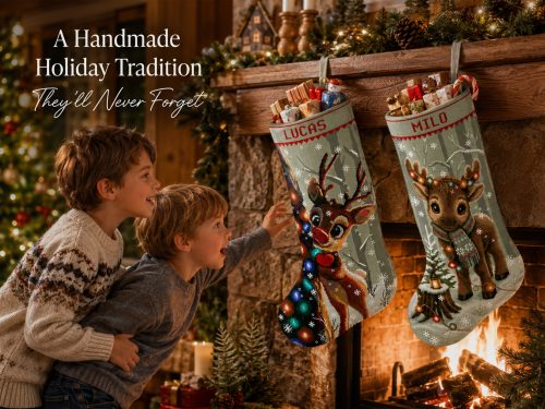 Christmas Stocking Cross Stitch Pattern bundle featuring a cute personalized moose and reindeer in snowy woodland scenes, two easy counted cross stitch PDF designs