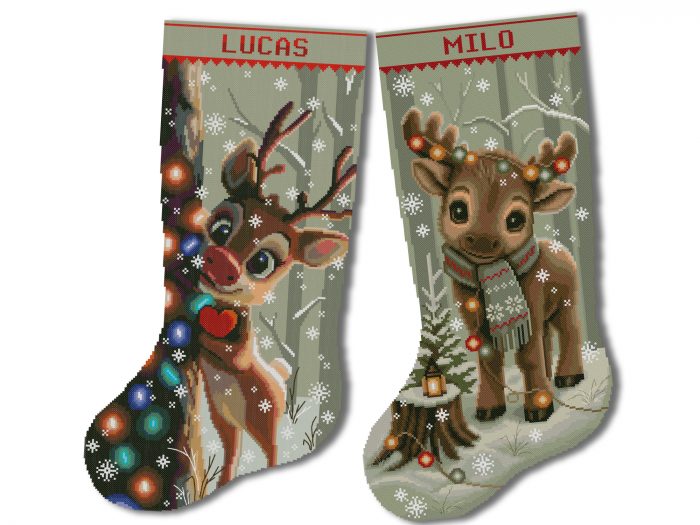 Christmas Stocking Cross Stitch Pattern bundle featuring a cute personalized moose and reindeer in snowy woodland scenes, two easy counted cross stitch PDF designs