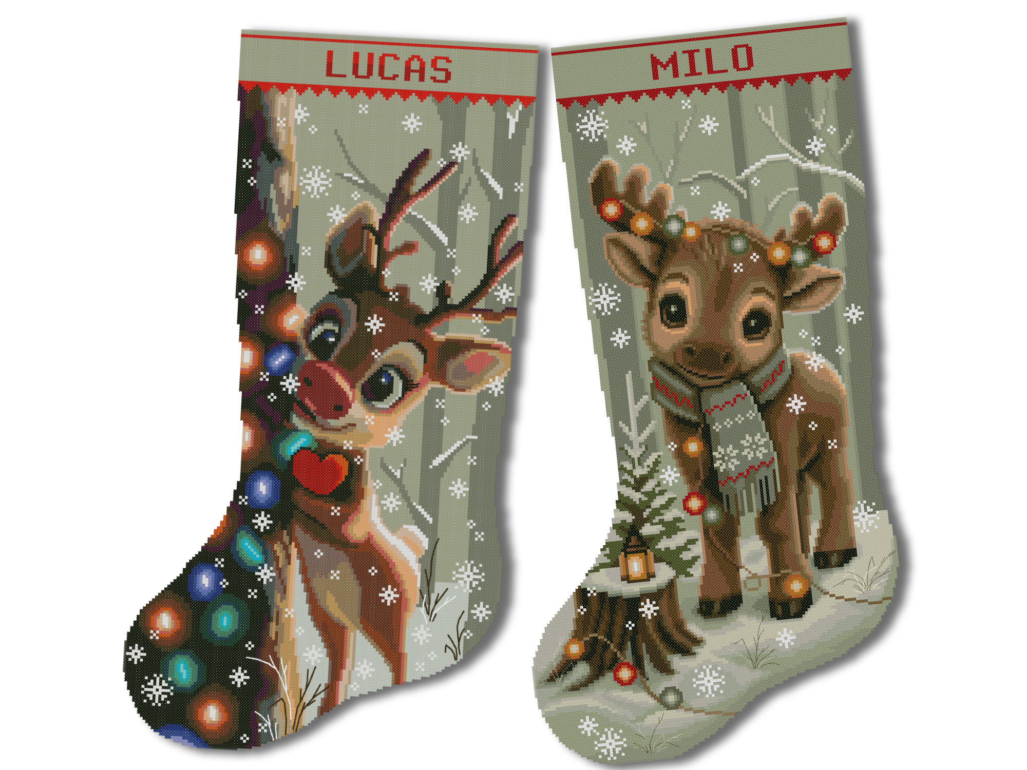Christmas Stocking Cross Stitch Pattern PDF Bundle – Cute Moose and Reindeer, 2 Personalized Woodland Animal Designs, Easy Beginner Counted Cross Stitch Digital Download 1 Christmas Stocking Cross Stitch Pattern bundle featuring a cute personalized moose and reindeer in snowy woodland scenes, two easy counted cross stitch PDF designs