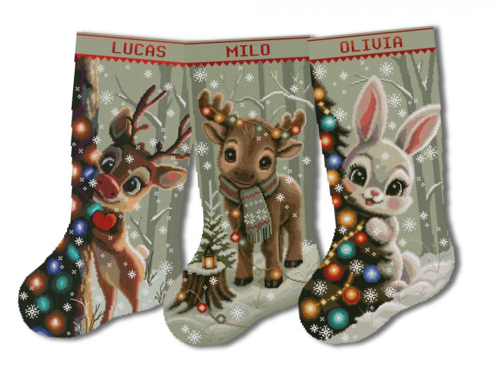 Christmas Stocking Cross Stitch Pattern bundle featuring personalized reindeer, moose and bunny woodland animal Christmas stocking cross stitch designs, easy counted cross stitch PDF