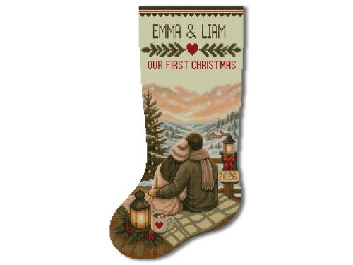 Personalized Our First Christmas stocking cross stitch pattern with couple, custom names, family surname and Christmas year
