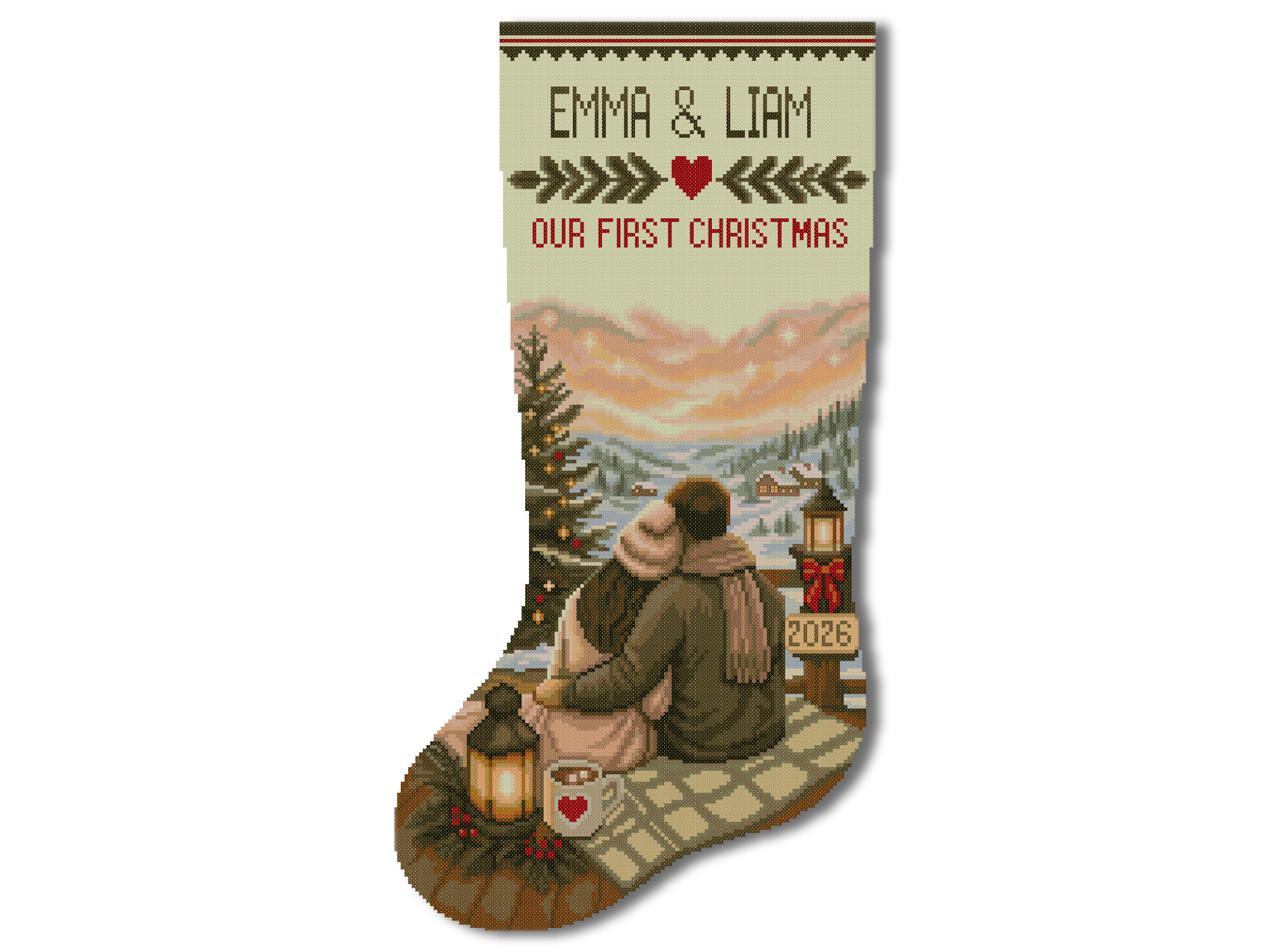 Our First Christmas Stocking Cross Stitch Pattern, Personalized Couple Names and Year, Custom Family Christmas Digital PDF 6 Personalized Our First Christmas stocking cross stitch pattern with couple, custom names, family surname and Christmas year