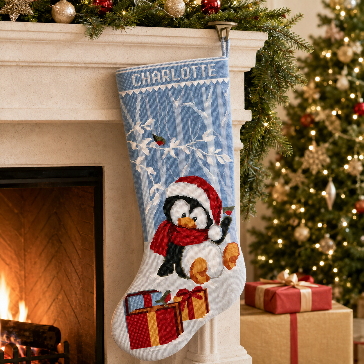 Finished personalized cross stitch Christmas stocking with a penguin hanging beside a decorated fireplace and Christmas tree.