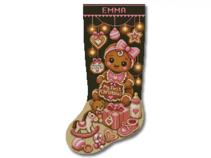 Christmas Stocking Cross Stitch Pattern featuring a personalized baby’s first Christmas gingerbread girl, custom name and year, easy counted cross stitch PDF