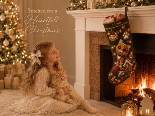 Christmas Stocking Cross Stitch Pattern featuring a cute personalized gingerbread cat with Christmas lights and gingerbread house, easy beginner counted cross stitch PDF