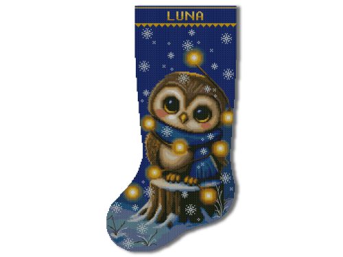 Christmas Stocking Cross Stitch Pattern featuring a personalized cute owl in a blue scarf sitting on a snowy tree stump, easy counted cross stitch PDF