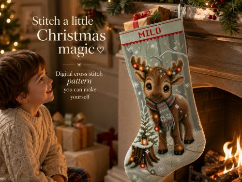 Christmas Stocking Cross Stitch Pattern with cute baby moose wearing a winter scarf, personalized counted cross stitch PDF, forest animal Christmas stocking digital embroidery pattern