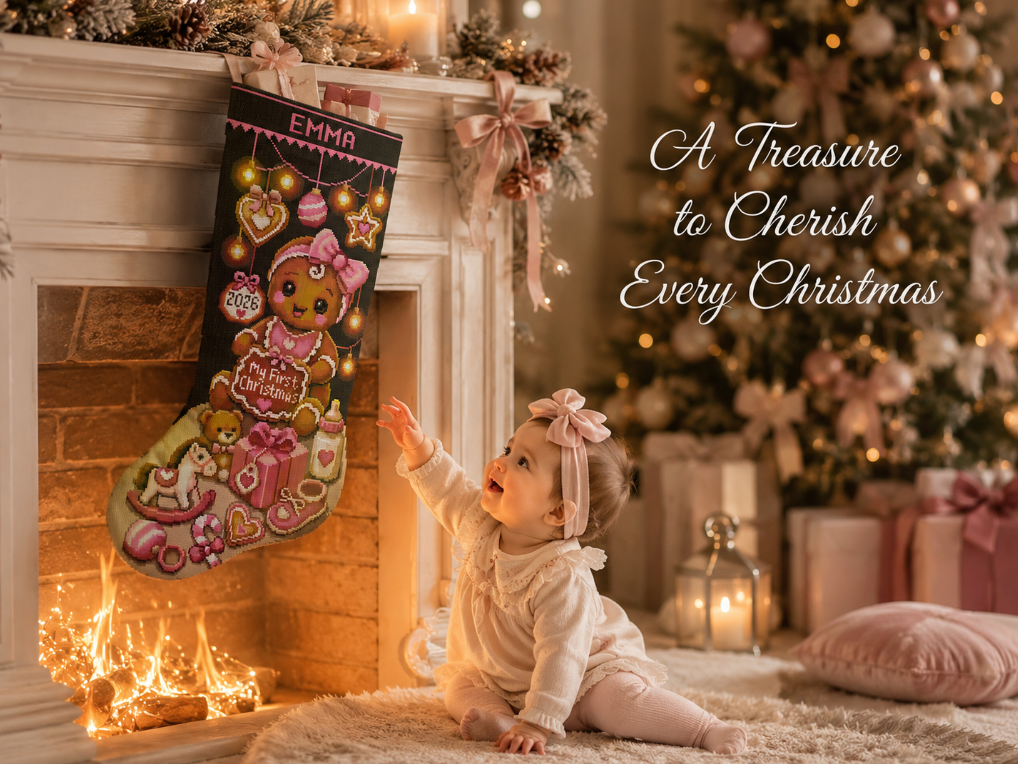 Christmas Stocking Cross Stitch Pattern PDF – Personalized Baby’s First Christmas Gingerbread Girl, Name and Year, Easy Counted Cross Stitch Digital Download 2 Christmas Stocking Cross Stitch Pattern featuring a personalized baby’s first Christmas gingerbread girl, custom name and year, easy counted cross stitch PDF