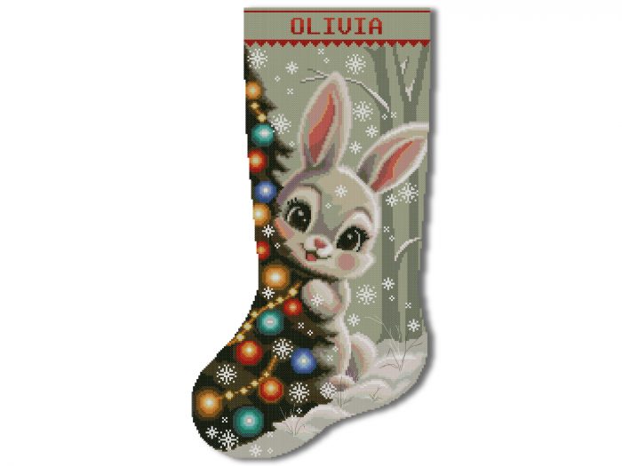 Christmas Stocking Cross Stitch Pattern PDF – Cute Bunny Rabbit Personalized Woodland Animal, Easy Beginner Counted Cross Stitch Digital Download 11 Christmas Stocking Cross Stitch Pattern featuring a cute personalized bunny rabbit beside a decorated Christmas tree, easy woodland animal counted cross stitch PDF