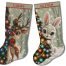 Christmas Stocking Cross Stitch Pattern bundle featuring a personalized reindeer and cute bunny beside decorated Christmas trees in snowy woodland scenes