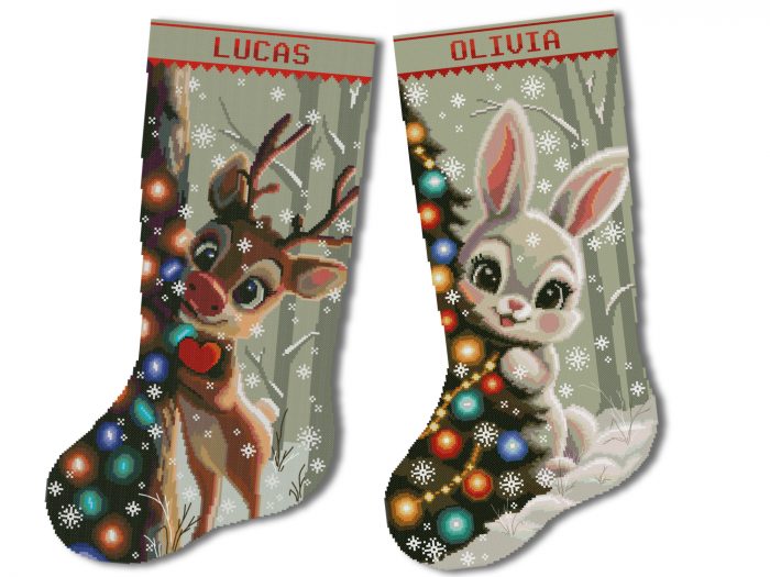 Christmas Stocking Cross Stitch Pattern bundle featuring a personalized reindeer and cute bunny beside decorated Christmas trees in snowy woodland scenes