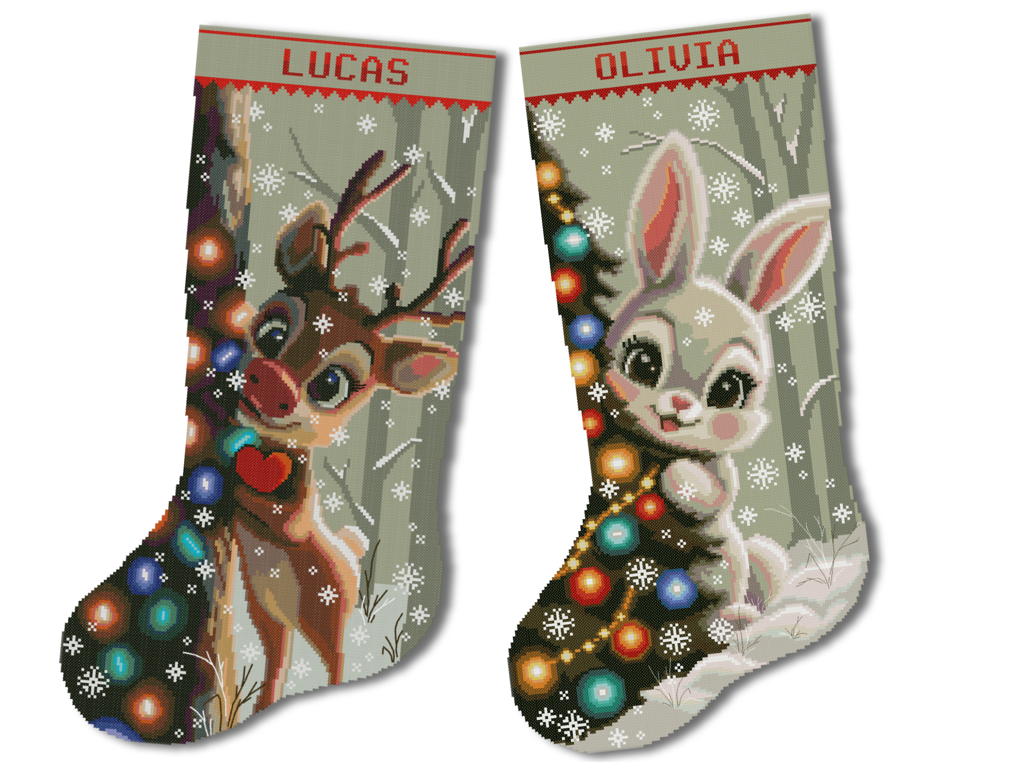 Christmas Stocking Cross Stitch Pattern PDF Bundle – Cute Reindeer and Bunny, 2 Personalized Woodland Animal Designs, Easy Beginner Counted Cross Stitch Digital Download 1 Christmas Stocking Cross Stitch Pattern bundle featuring a personalized reindeer and cute bunny beside decorated Christmas trees in snowy woodland scenes