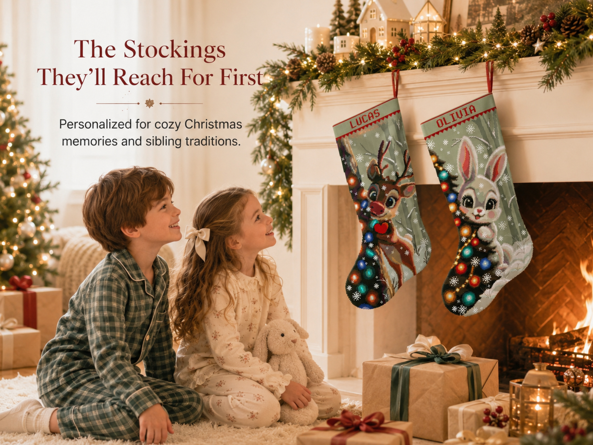 Christmas Stocking Cross Stitch Pattern PDF Bundle – Cute Reindeer and Bunny, 2 Personalized Woodland Animal Designs, Easy Beginner Counted Cross Stitch Digital Download 2 Christmas Stocking Cross Stitch Pattern bundle featuring a personalized reindeer and cute bunny beside decorated Christmas trees in snowy woodland scenes