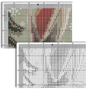 Color and black-and-white cross stitch pattern charts shown side by side for beginner comparison.