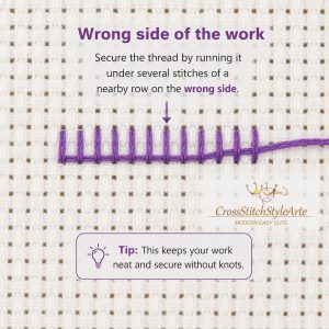 How to secure cross stitch thread on the wrong side of 14 count Aida by weaving the thread under several nearby stitches.