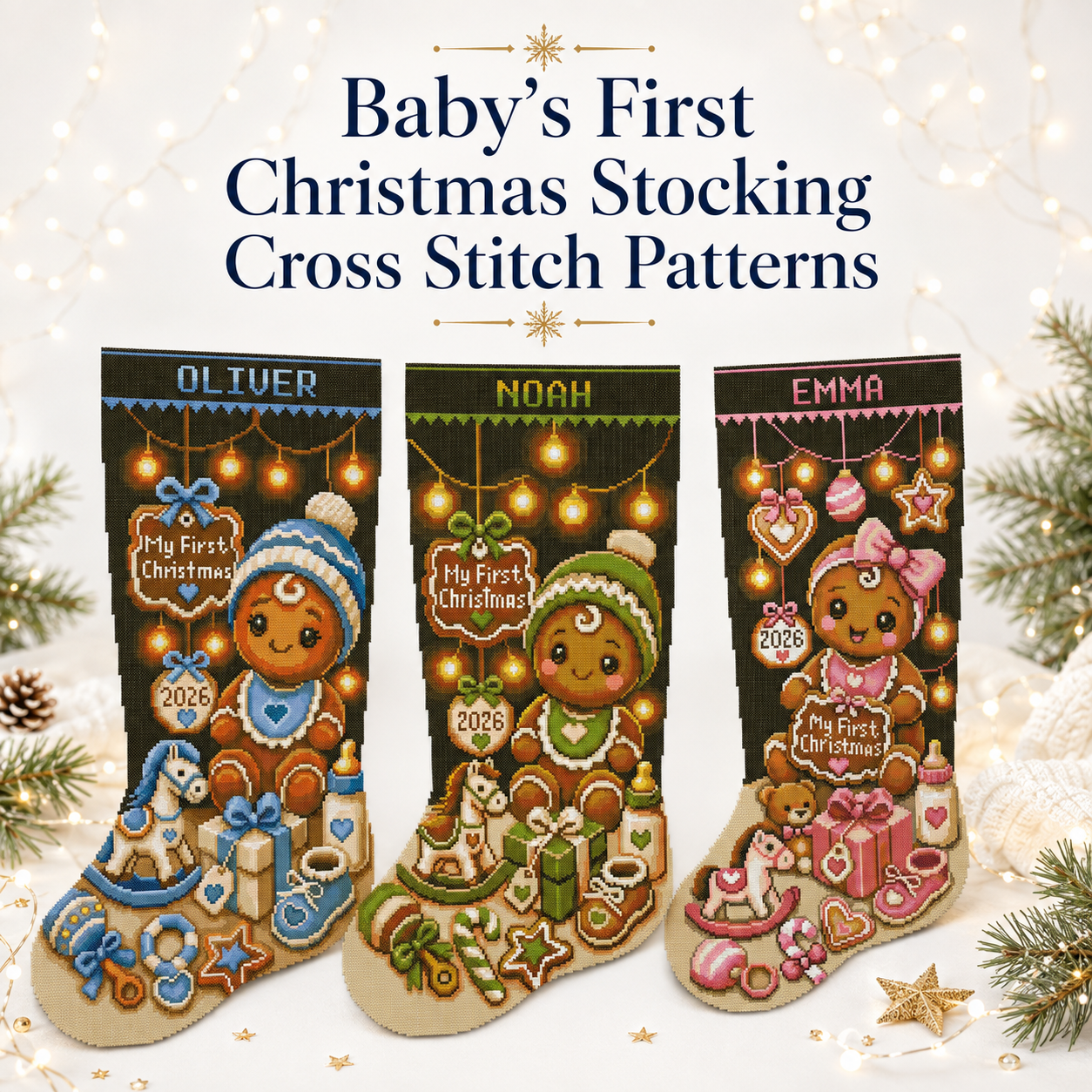 Personalized Baby’s First Christmas stocking cross stitch patterns for a boy, girl and gender-neutral newborn keepsake