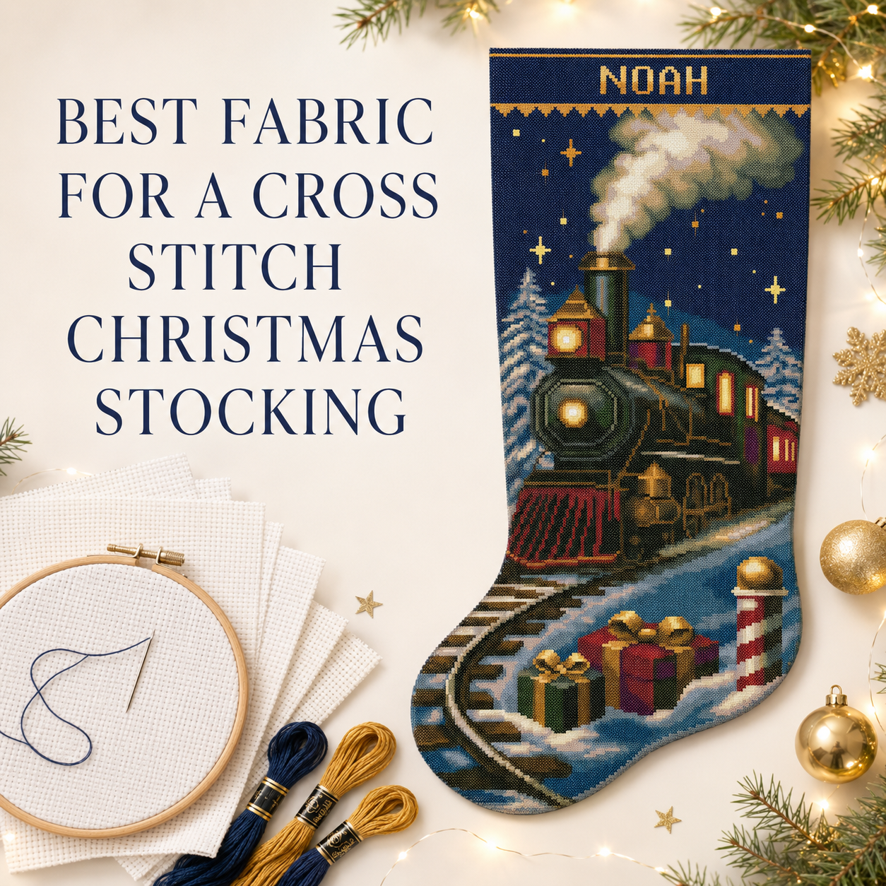 Best fabric for a cross stitch Christmas stocking with white Aida and personalized NOAH train stocking