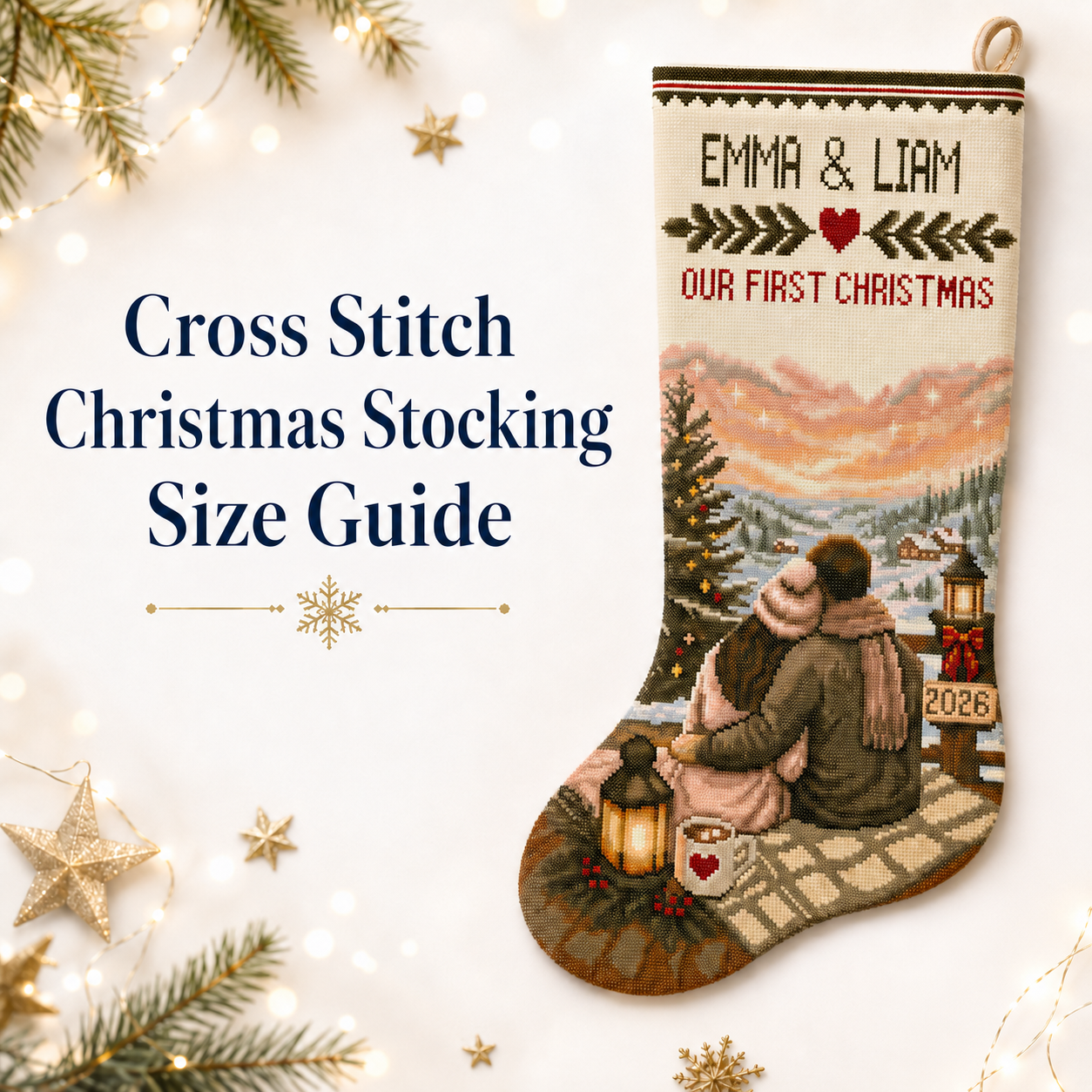 Cross stitch Christmas stocking size guide with personalized full-size stocking and measuring tape
