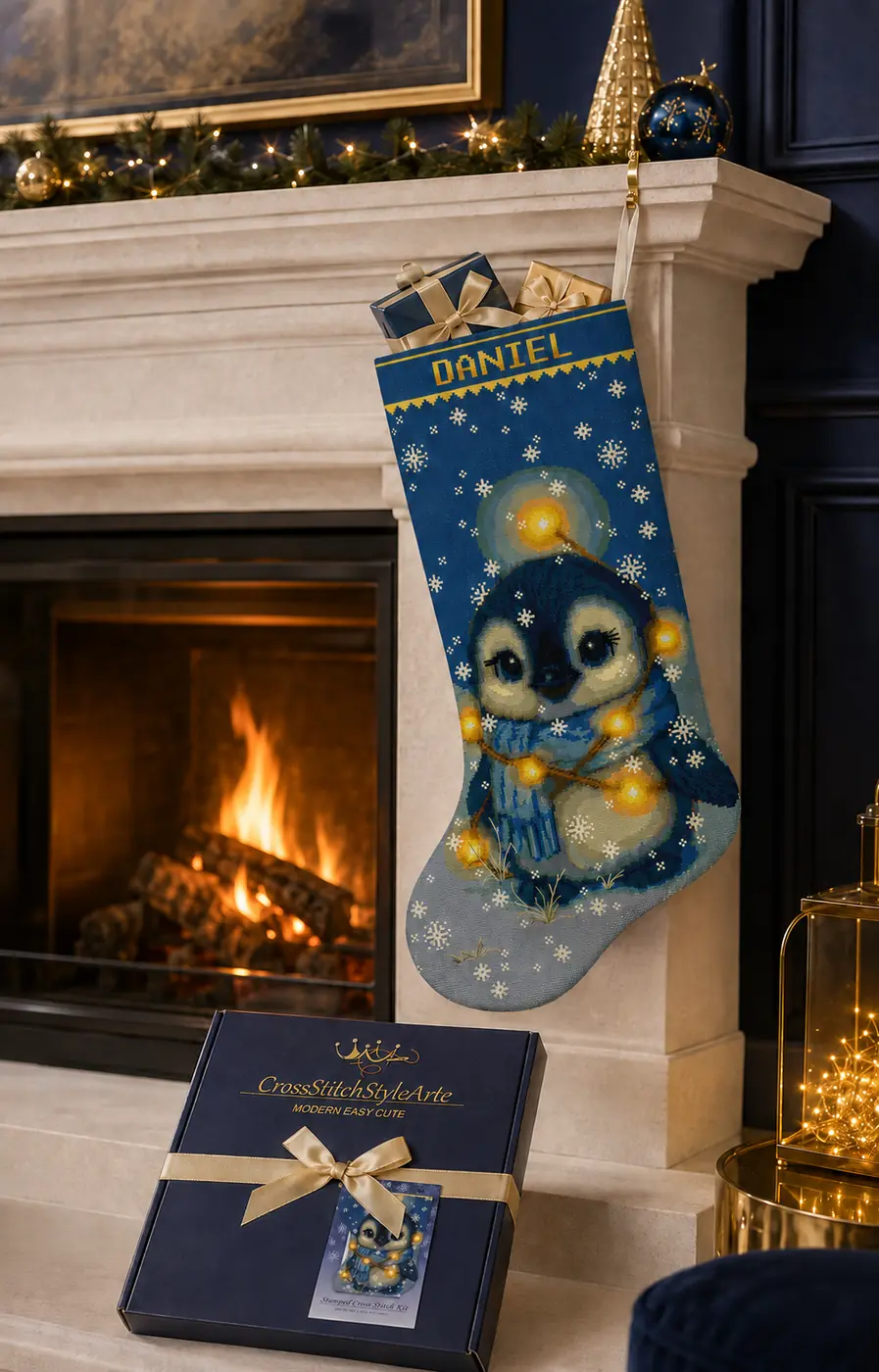 CrossStitchStyleArte stocking kit beside a glowing fireplace