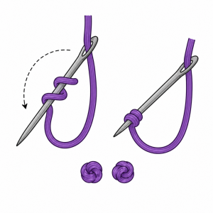 French knot embroidery technique with purple thread step by step