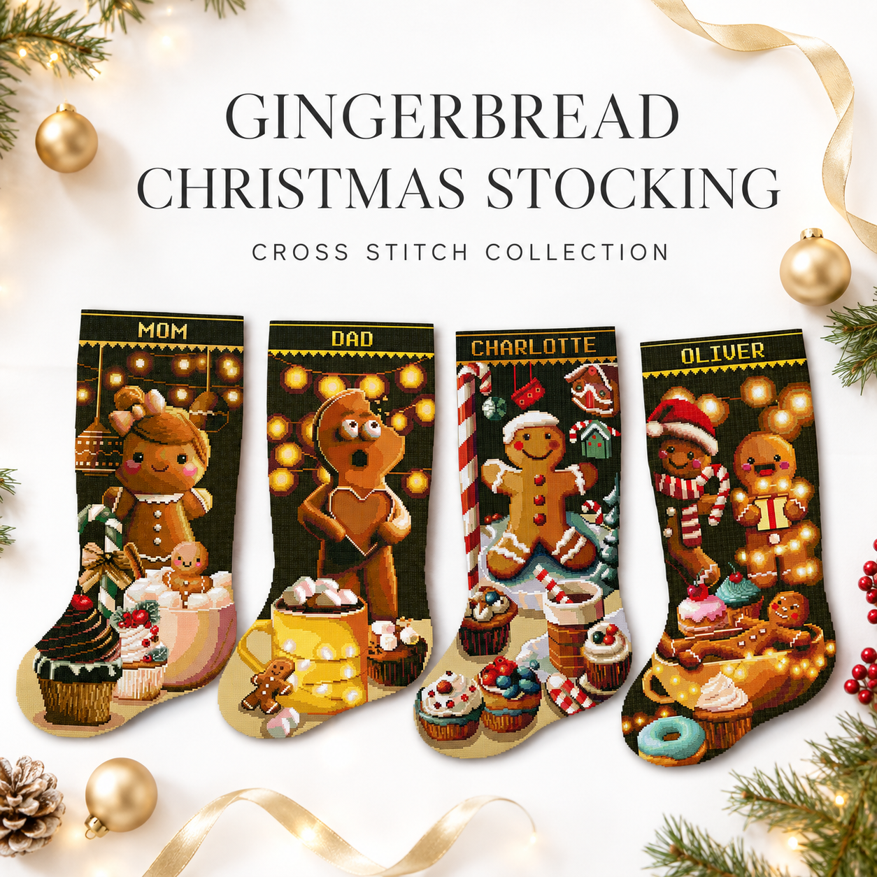 Gingerbread Christmas stocking cross stitch patterns and kits for families