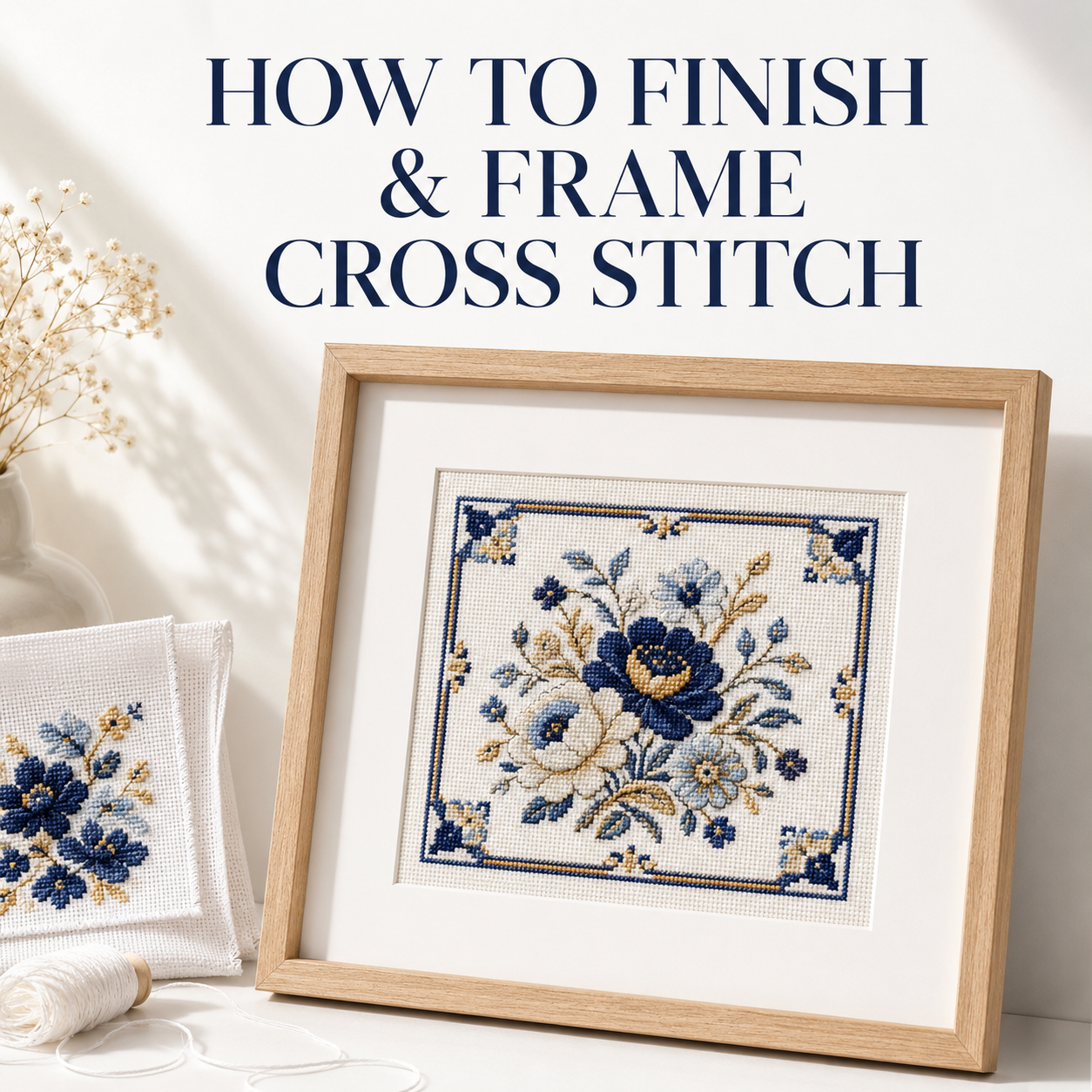 How to finish and frame cross stitch with a white archival mat and natural wooden frame