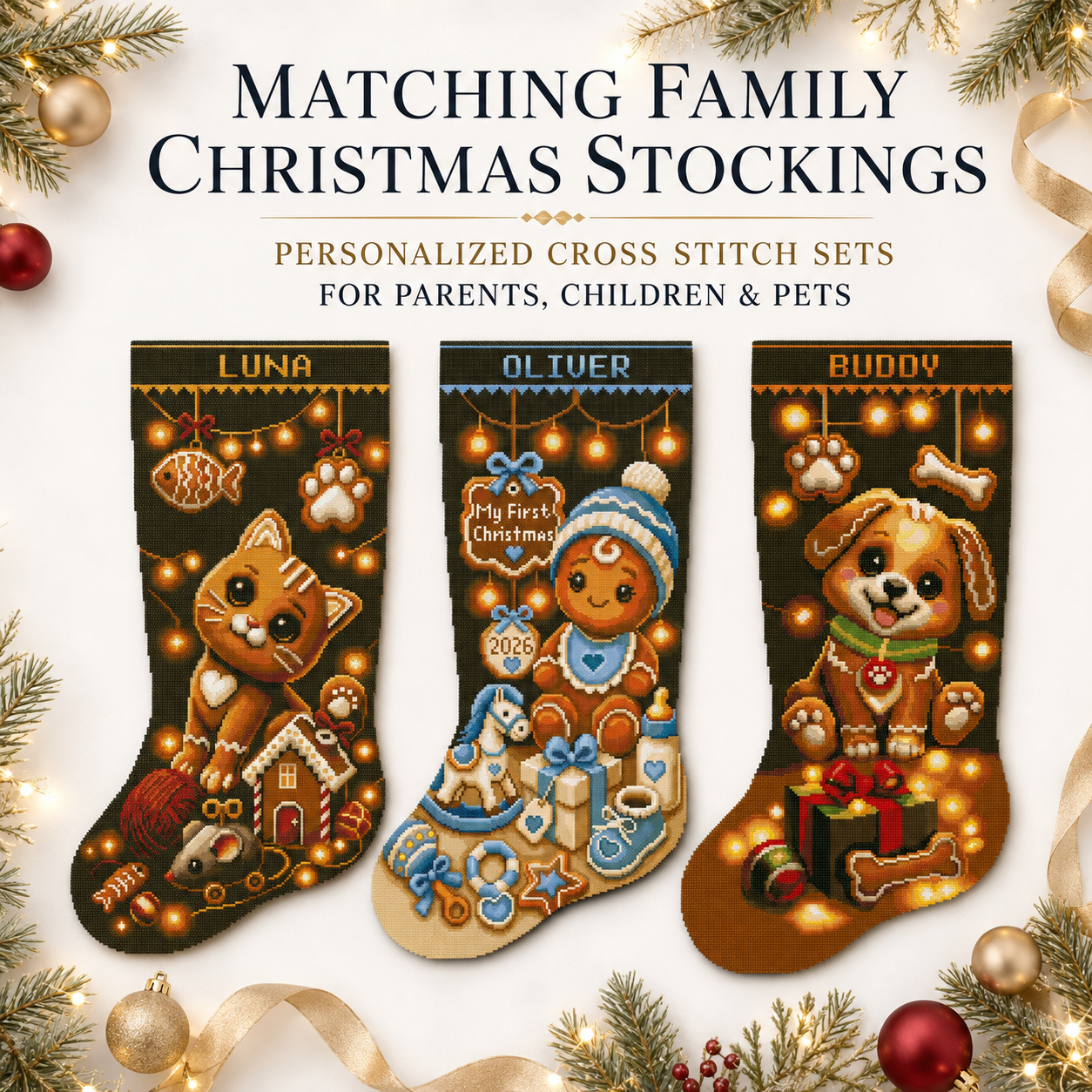 Matching family Christmas stocking cross stitch designs personalized for a child, cat and dog