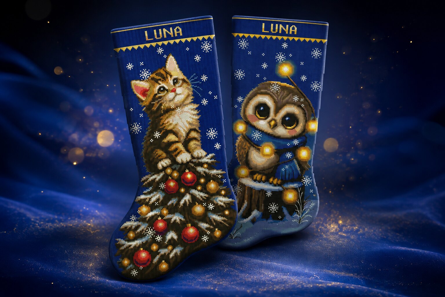 Two personalized blue and gold cross stitch Christmas stockings