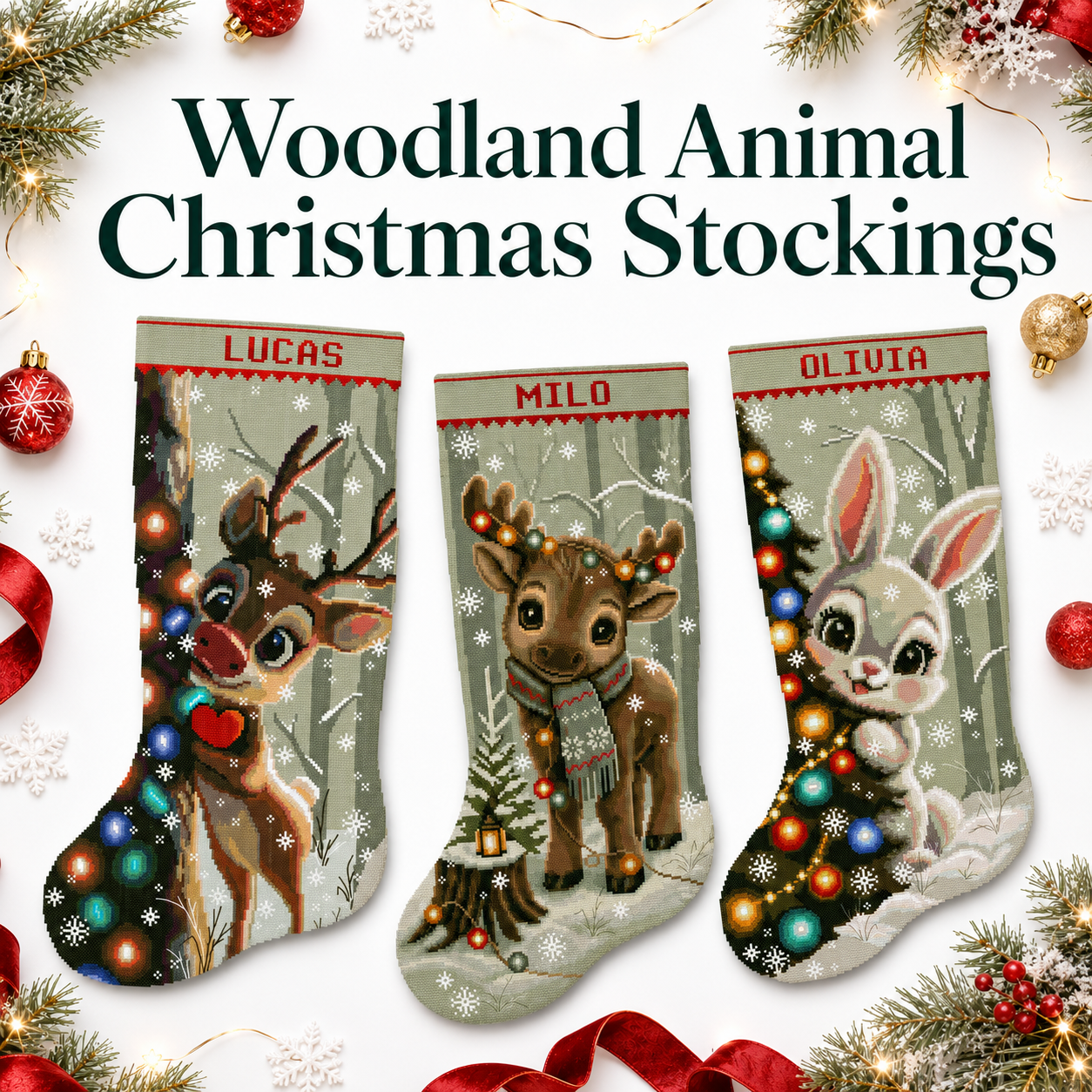 Woodland animal Christmas stockings with personalized reindeer, moose and bunny cross stitch designs