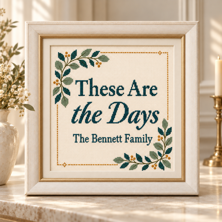 These Are the Days — The Bennett Family, embroidered in teal with botanical details in a cream and gold frame