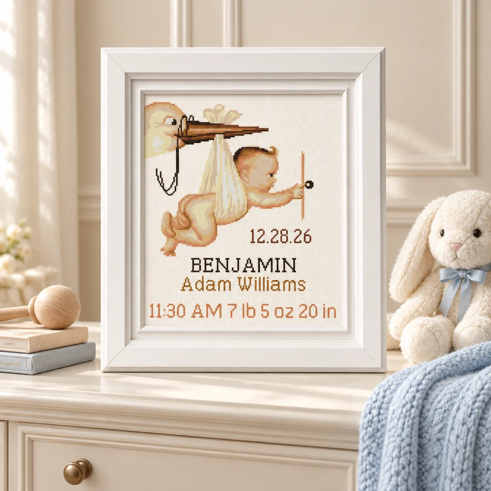 Personalized baby birth sampler with a stork, Benjamin Adam Williams and birth details