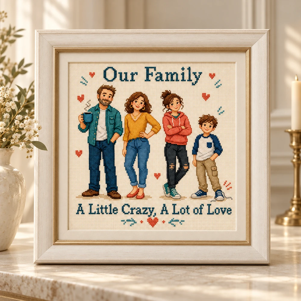 Family portrait cross stitch inspiration with four people and the words Our Family