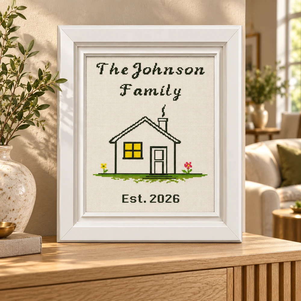 Personalized First Home cross stitch with The Johnson Family, a house and Est. 2026