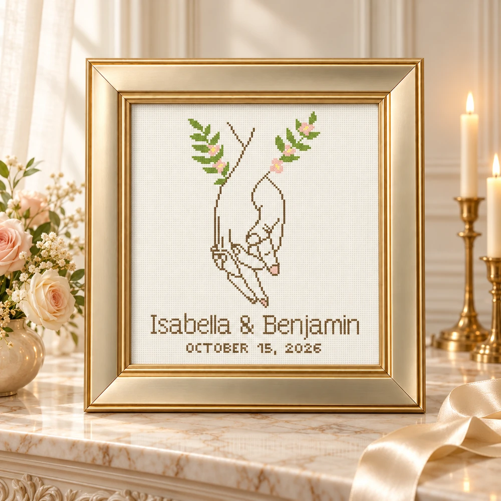 Personalized wedding cross stitch with joined hands, Isabella and Benjamin, and a wedding date
